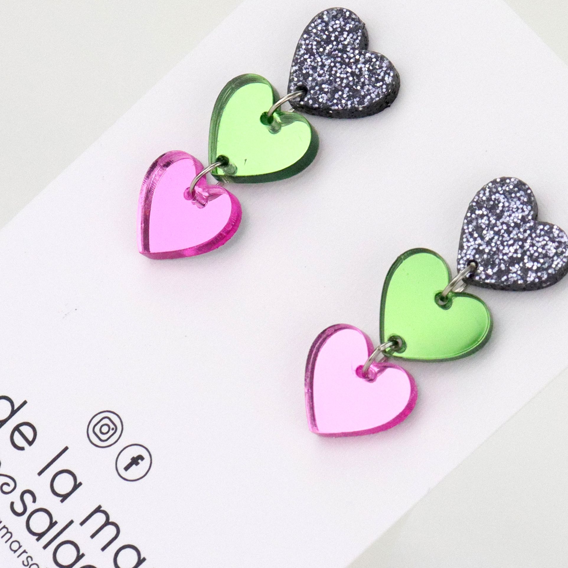 3 CORAZONES PARTY (Glitter plata, verde musgo y rosa) - Imagen 2