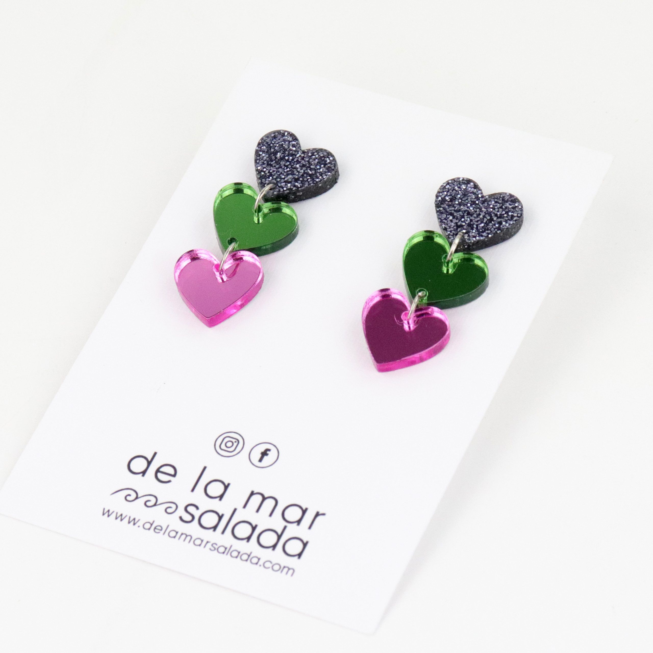 3 CORAZONES PARTY (Glitter plata, verde musgo y rosa)