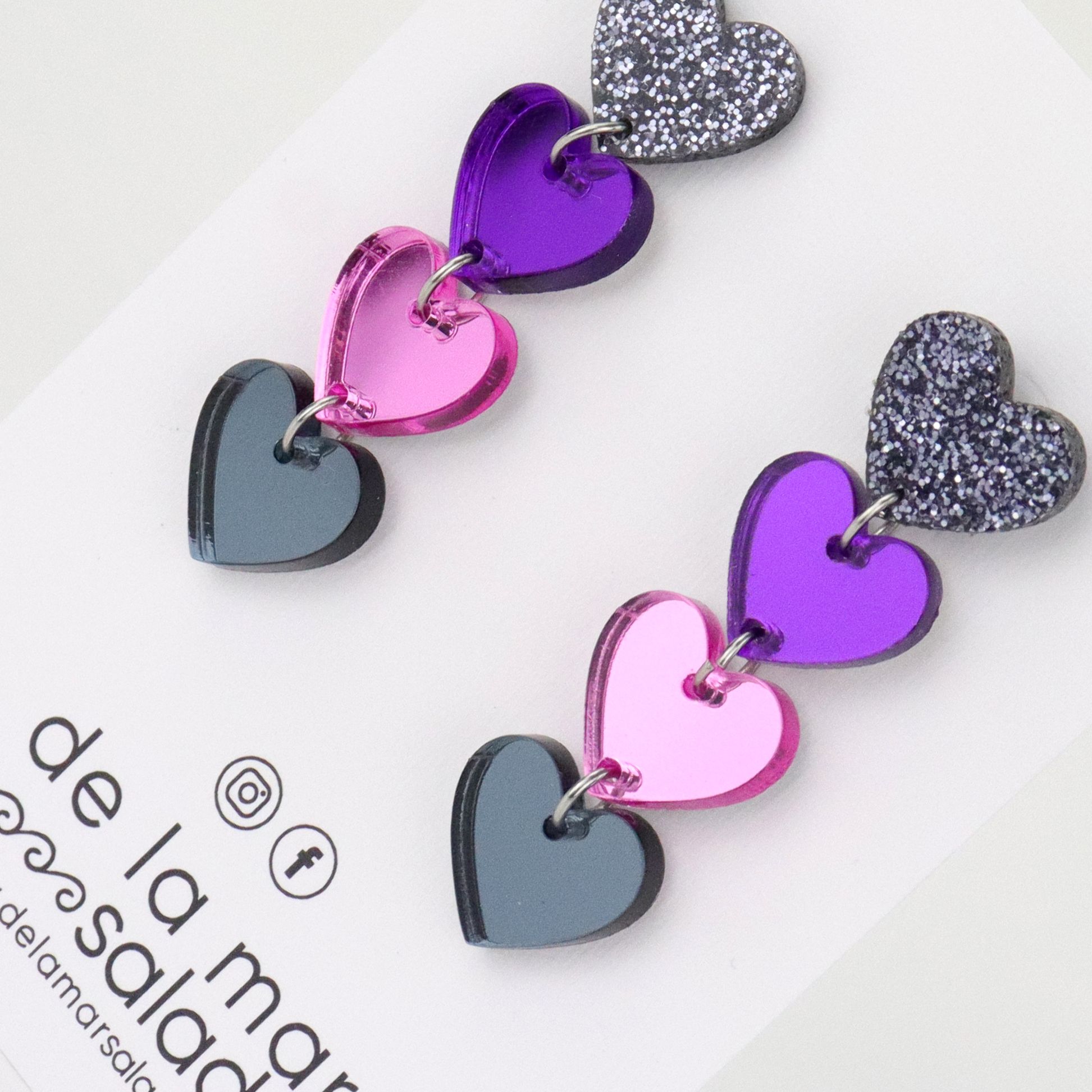 4 CORAZONES PARTY (Glitter plata, morado, rosa y gris antracita) - Imagen 2